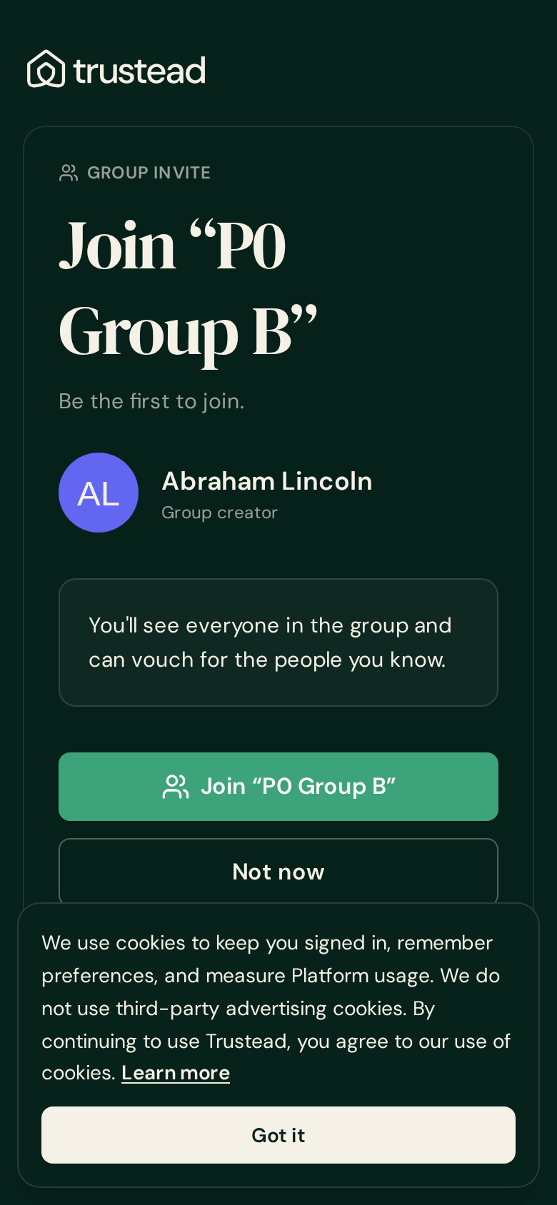 Join confirmation screen for a second group