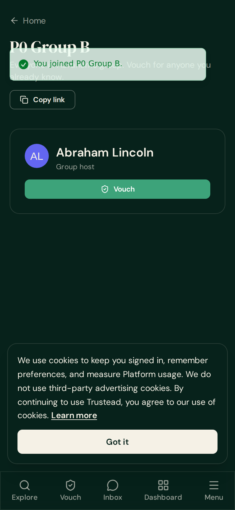Joined confirmation toast on the group page