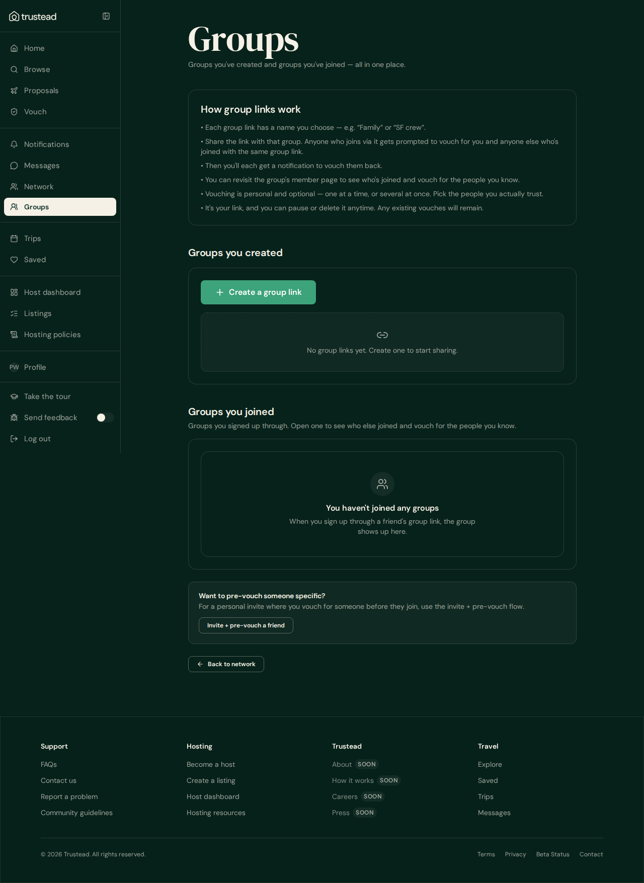 Groups page at desktop width with the corrected card