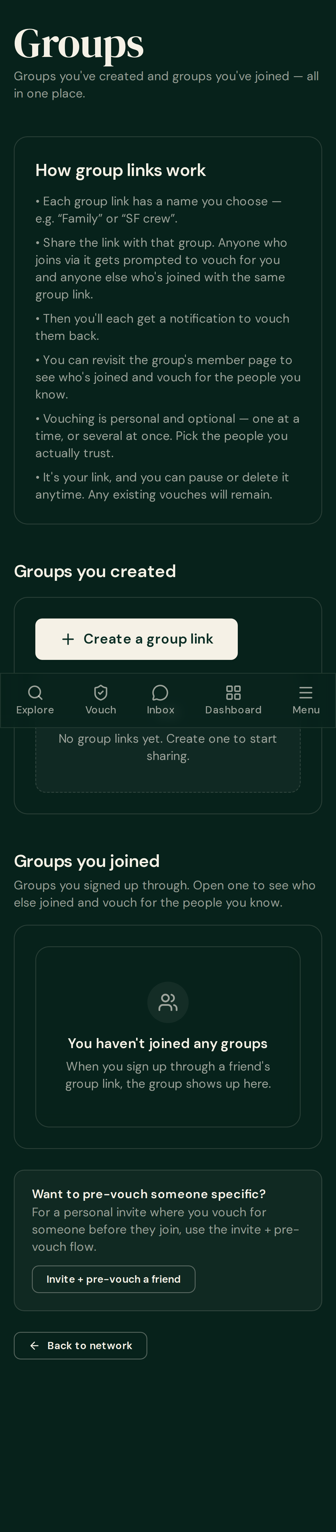 Groups page at phone width with the corrected card