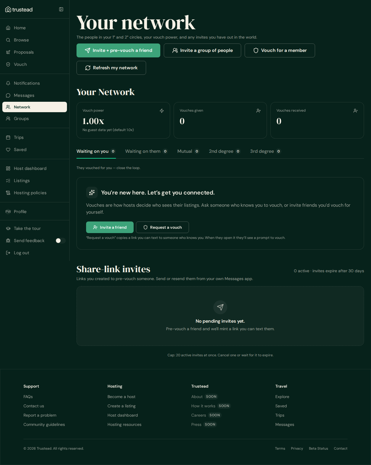 Network page at desktop width with the restored welcome card