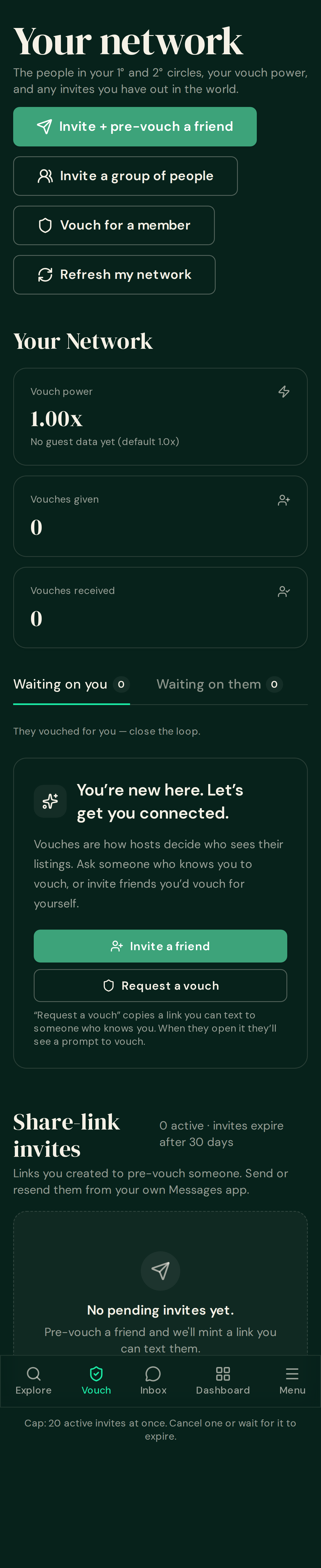 Network page at phone width with the restored welcome card