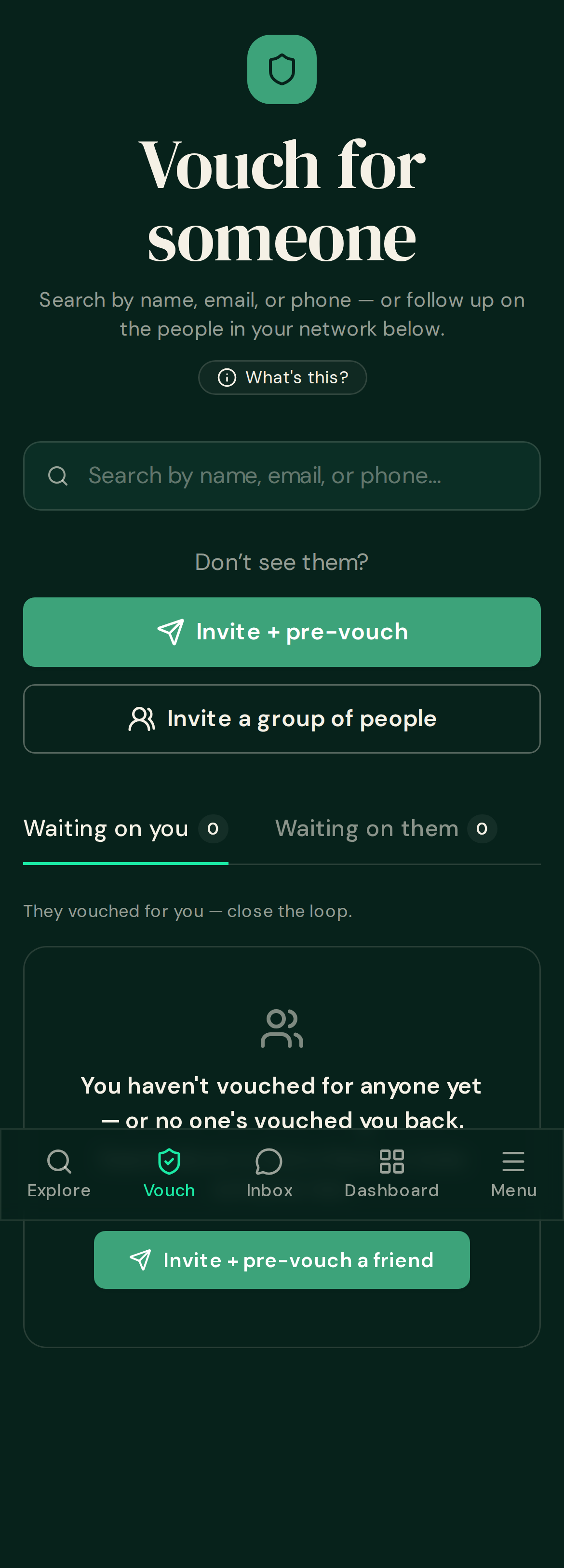 Vouch page at phone width with the restored empty state